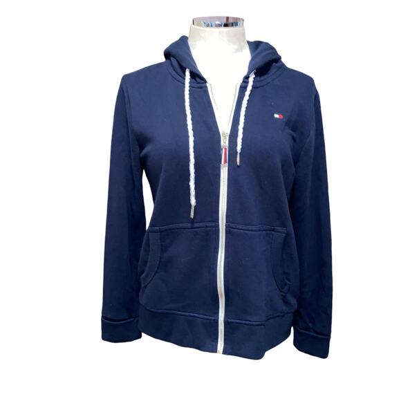 Tommy Hilfiger Navy Blue Full Zip Long Sleeve Drawstring Hoodie Size Medium - Picture 1 of 12